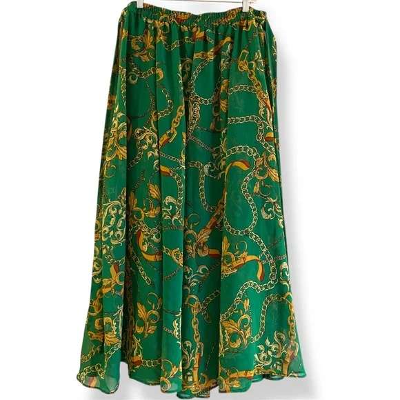 Green Baroque Scarf Print Sheer Maxi Skirt Gold Chain Regencycore Plus XL - Picture 1 of 7